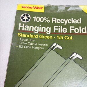 Globe-Weis Hanging File Folders Legal Size Green 1/5 Cut Tabs 25 Pack 100% Recyc
